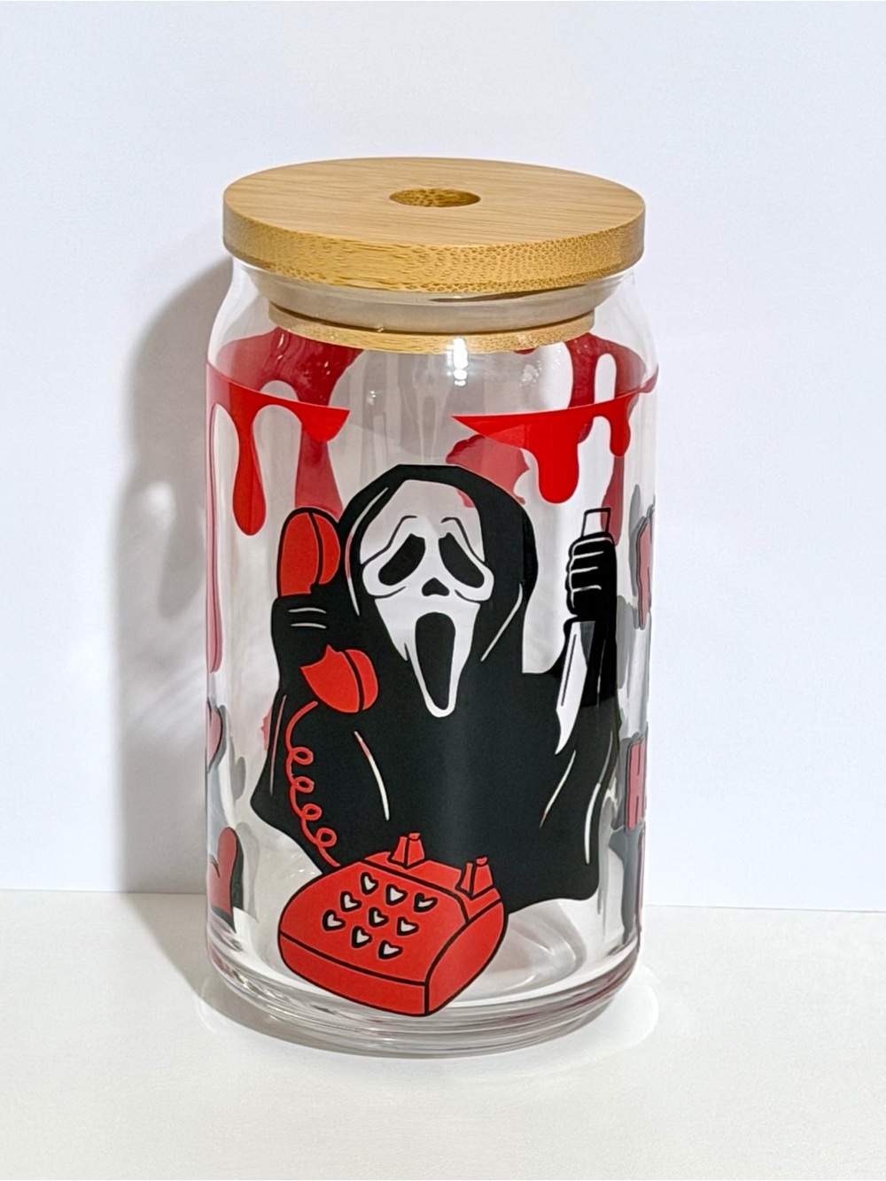 Red No You Hang Up Ghost Face 16oz Libby Can Glass Tumbler with Bamboo Lid